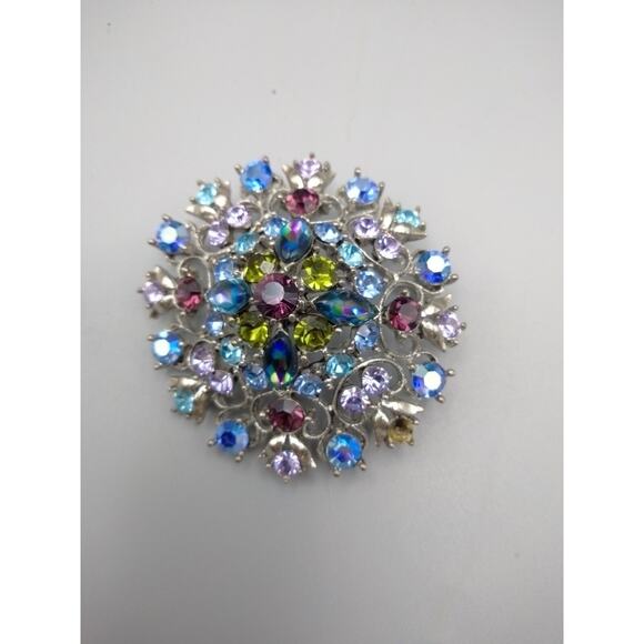 GRAZIANO PEWTER TONE & MULTI-COLORED RHINESTONE CIRCLE PIN or BROOCH - Picture 1 of 3